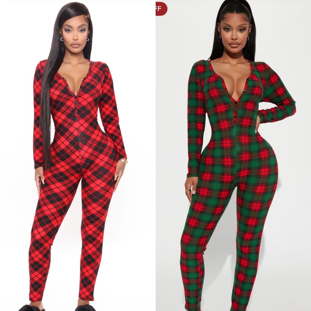 (2) Plaid Long Sleeve Jumpsuits - Red and Green